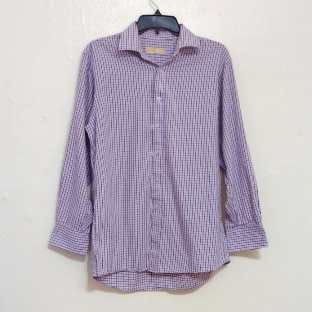 Michael Kors Purple Plaid Button Front Dress Shirt 100% Cotton Size 15.5…